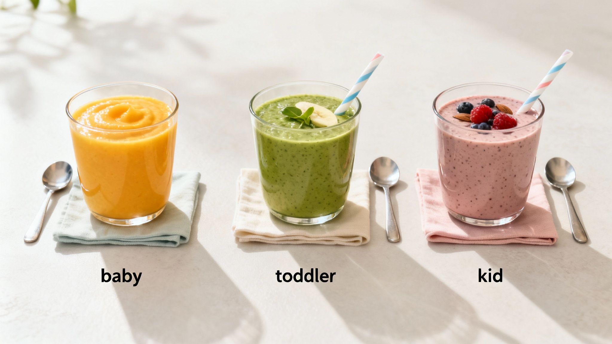 Three glasses with age-appropriate healthy fruit and vegetable purees and smoothies for children.