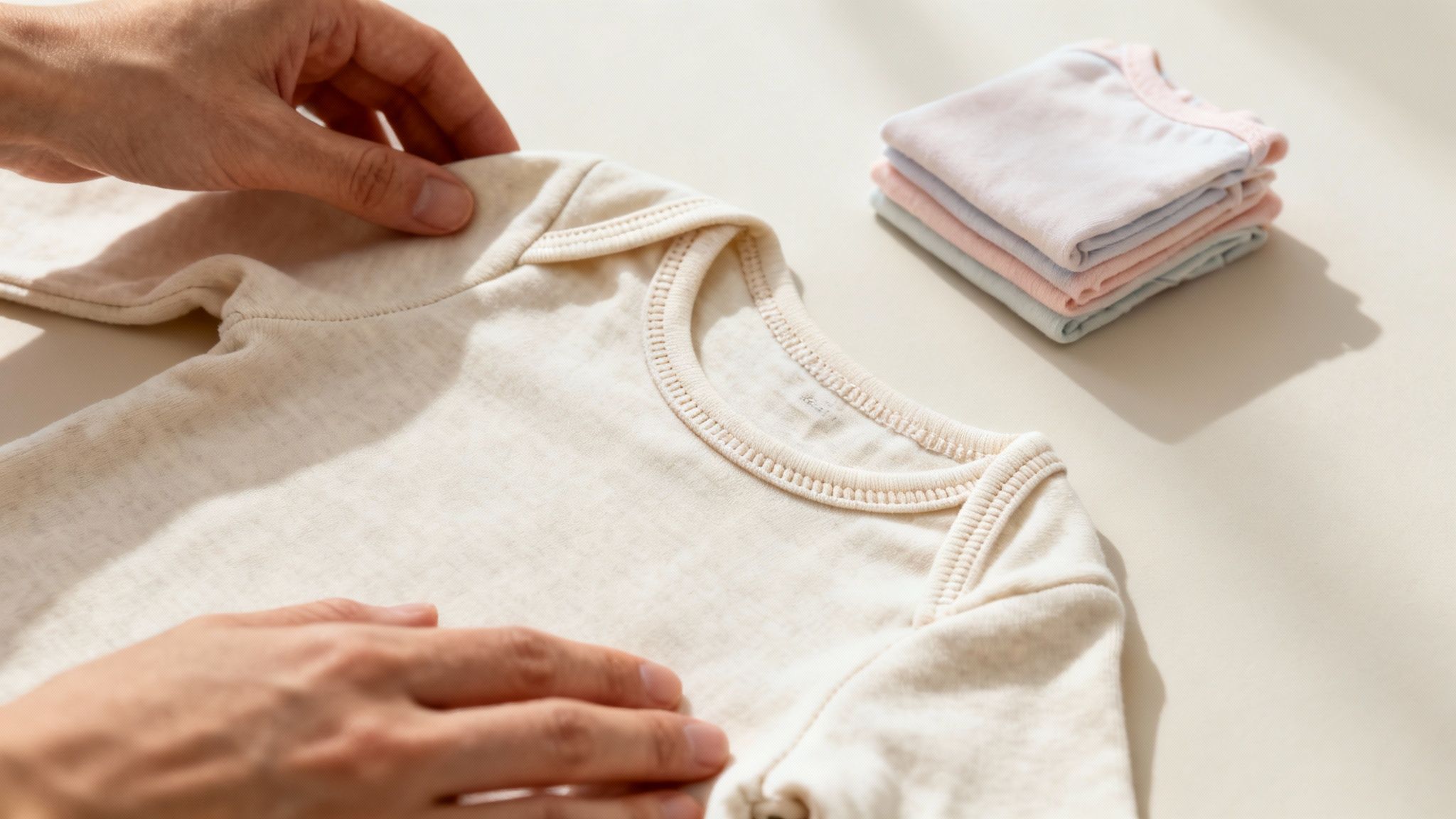 Hands carefully folding a cream baby onesie, with a stack of pastel baby clothes nearby.