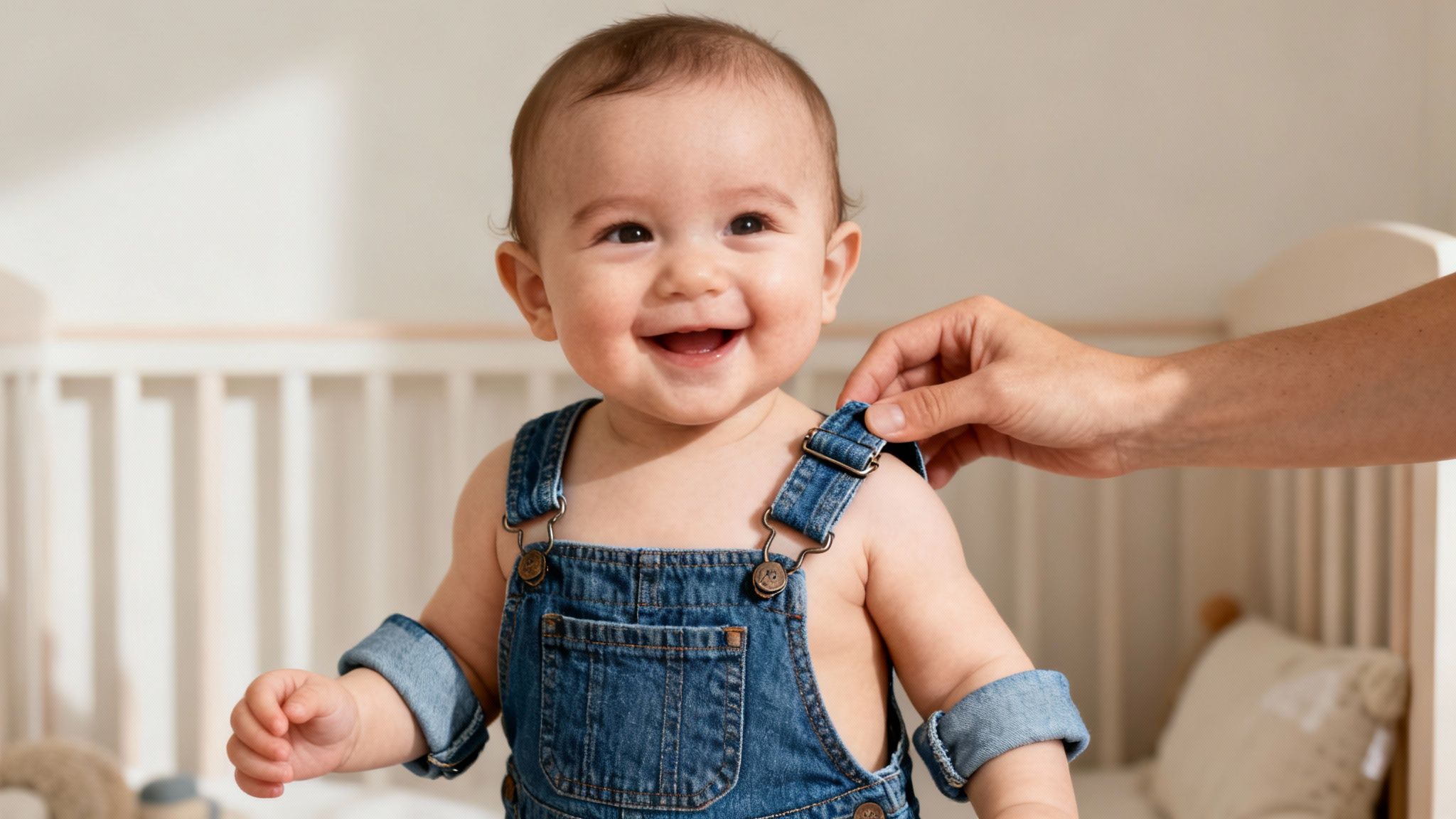 A joyful baby in denim overalls smiles widely while an adult adjusts a strap.
