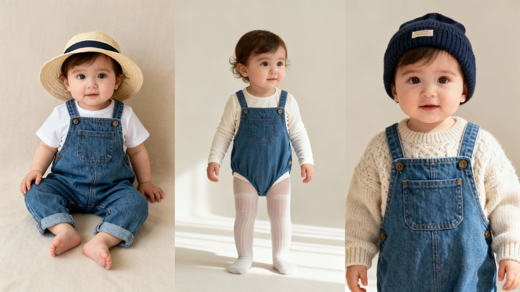A cute baby wearing various denim overall outfits, including a straw hat, long-sleeve top, and knitted sweater.
