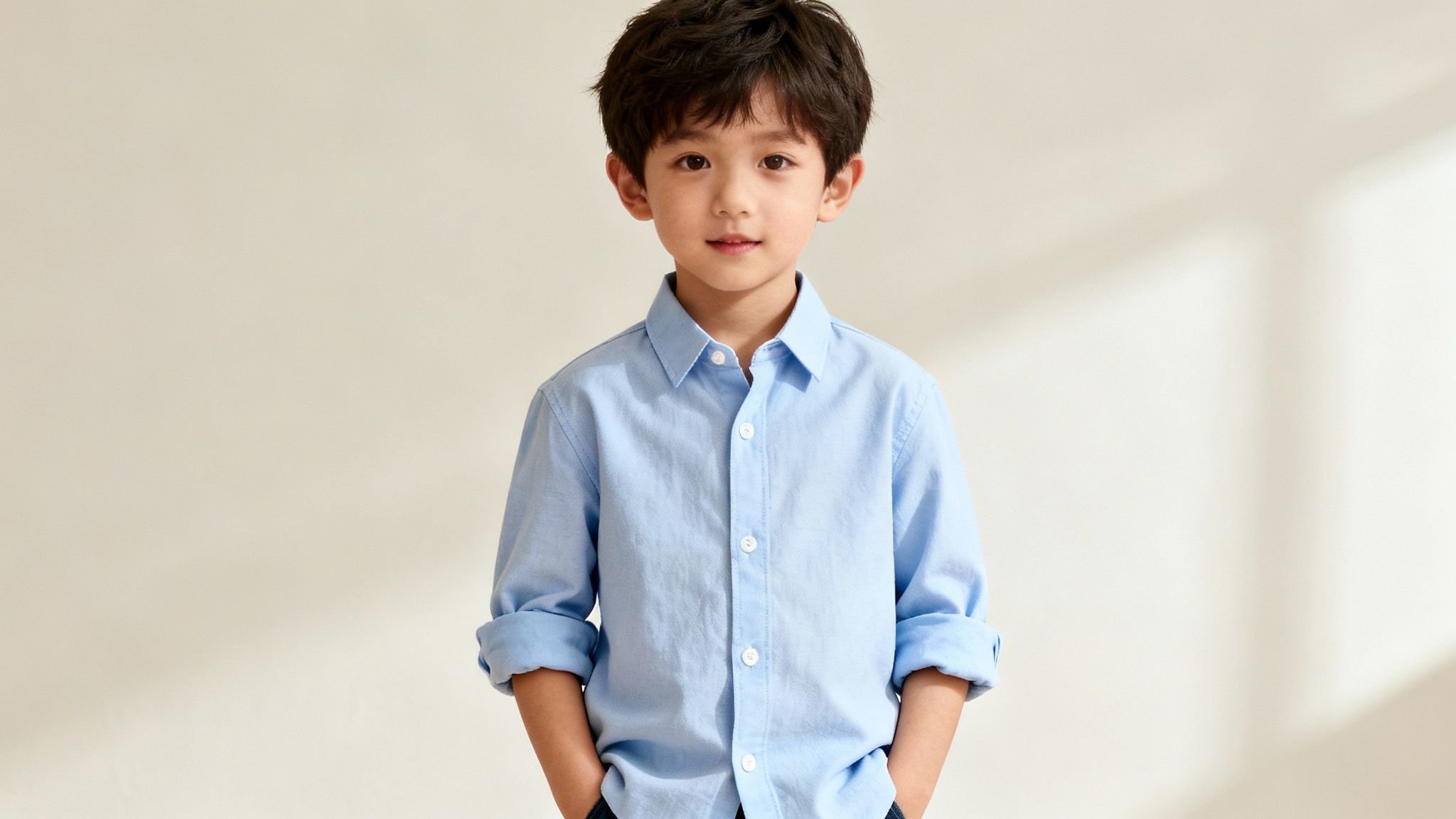 Portrait of a cute young boy wearing a light blue button-down shirt, hands in pockets.