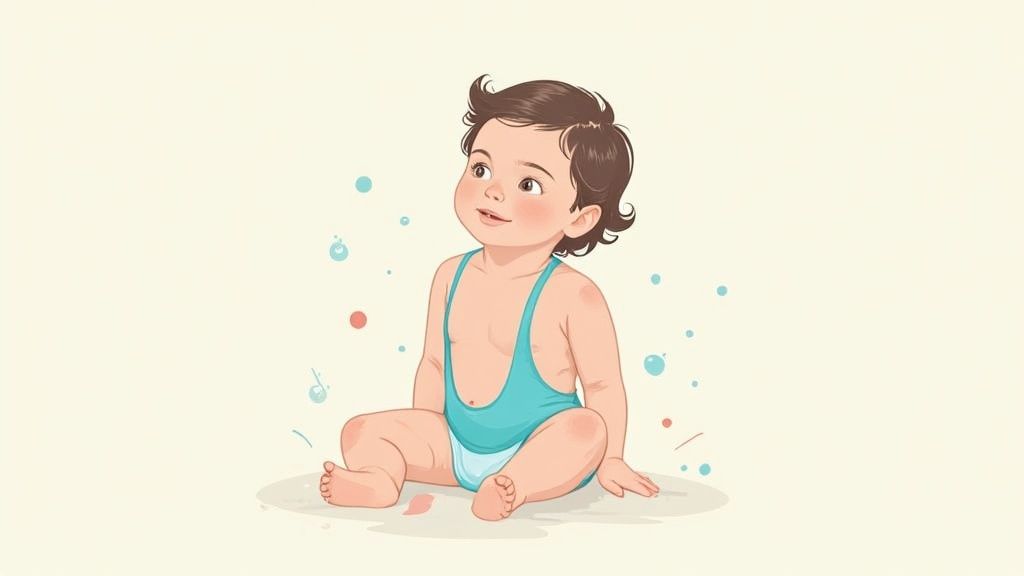 A smiling baby girl wearing a colorful one-piece swimsuit and a sun hat sits by a pool.