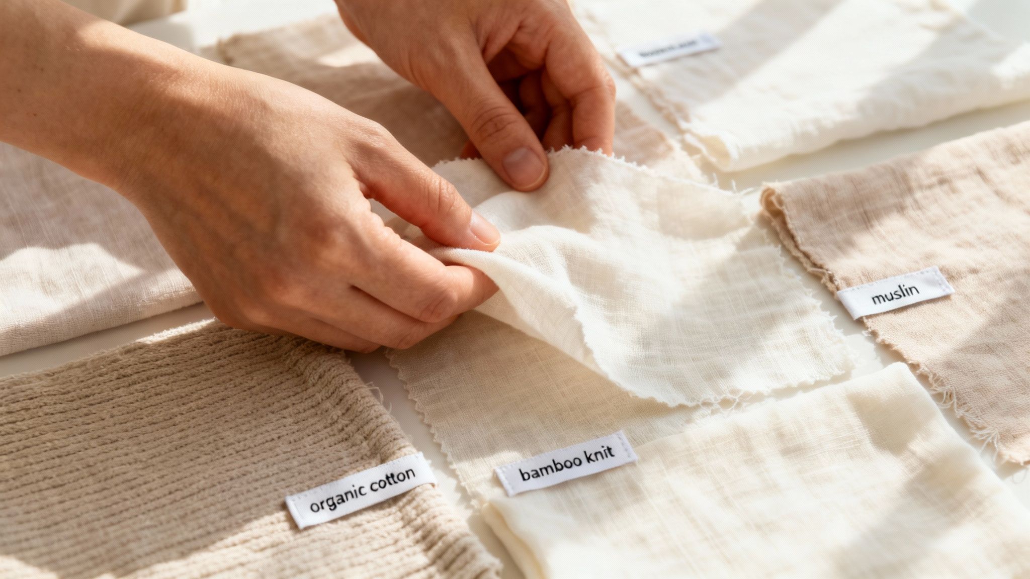 A person's hands inspecting neutral-colored swatches of organic cotton, bamboo knit, and muslin fabrics.