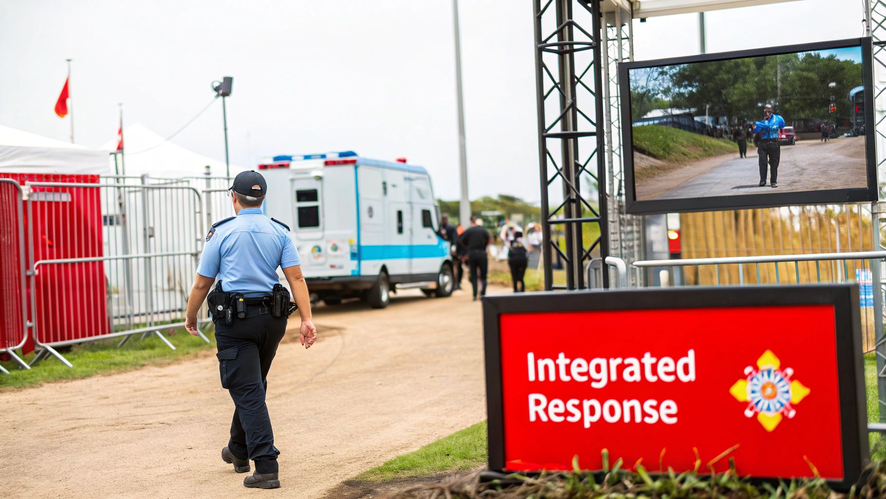 7 Incredible Reasons Your Business Needs a Monitored Alarm System 3 A police officer walks past security barriers and a large screen displaying surveillance footage.