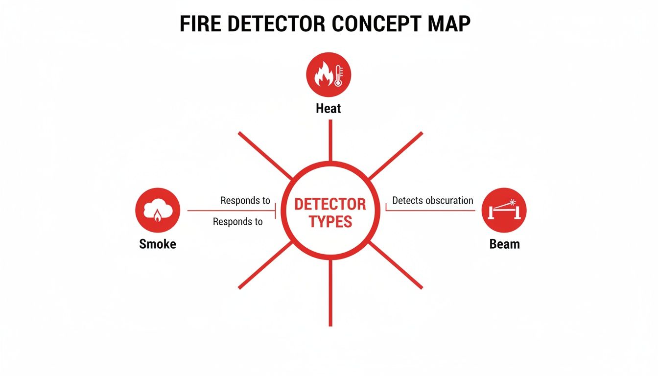 5 Incredible Fire Detection Systems To Avoid Disaster 2 Concept map illustrating fire detector types, showing heat, smoke, and beam detectors and their functions.