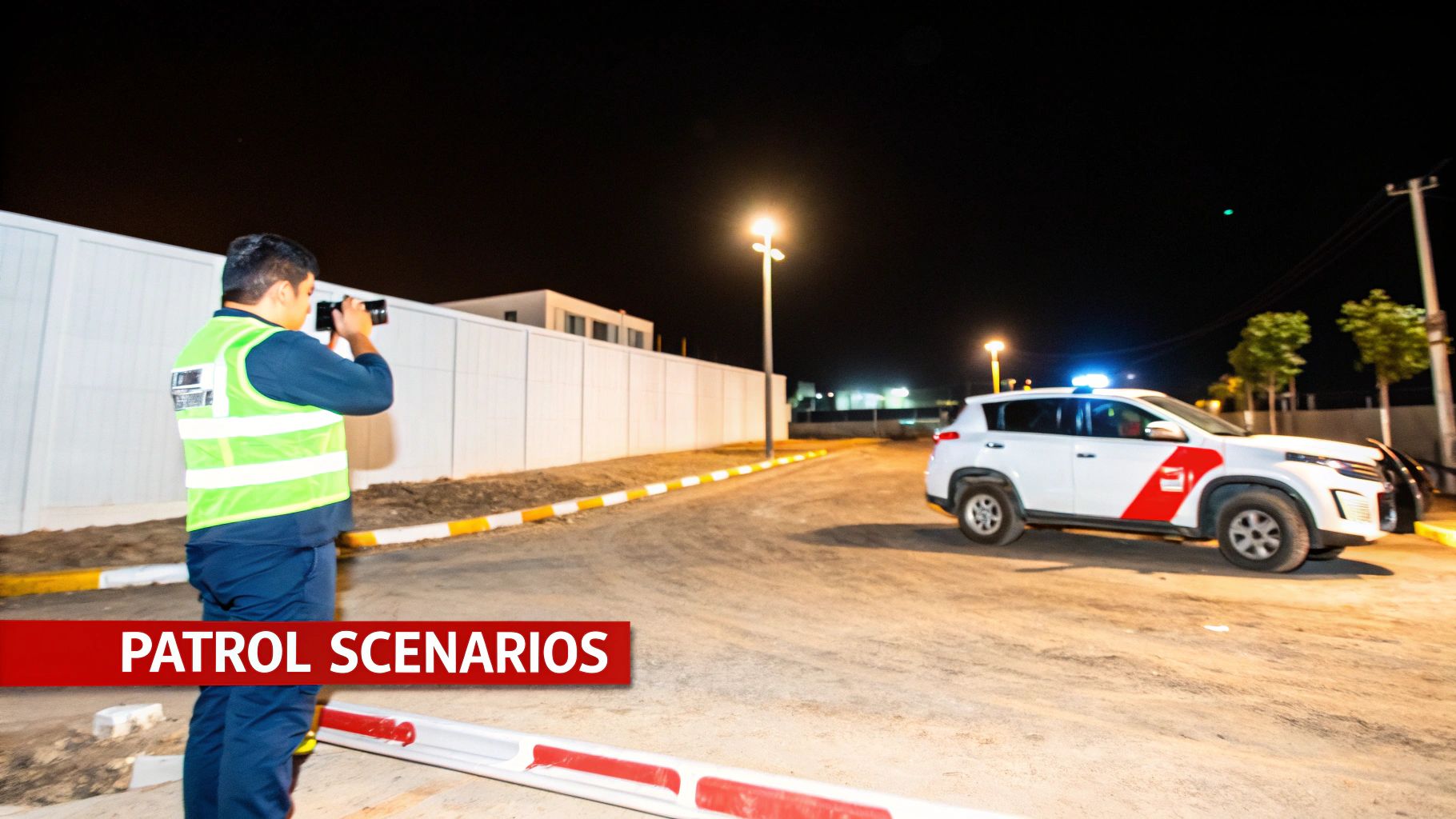 Man in high-visibility vest photographs a white security patrol SUV at night.