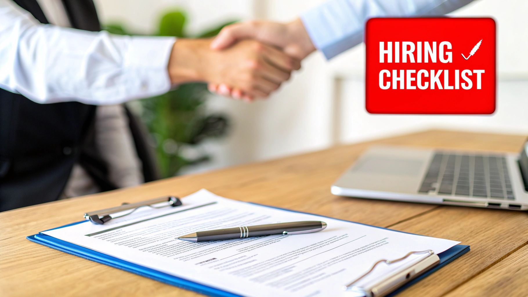 Two people shaking hands over a desk with a 'Hiring Checklist' sign, documents, and a laptop.