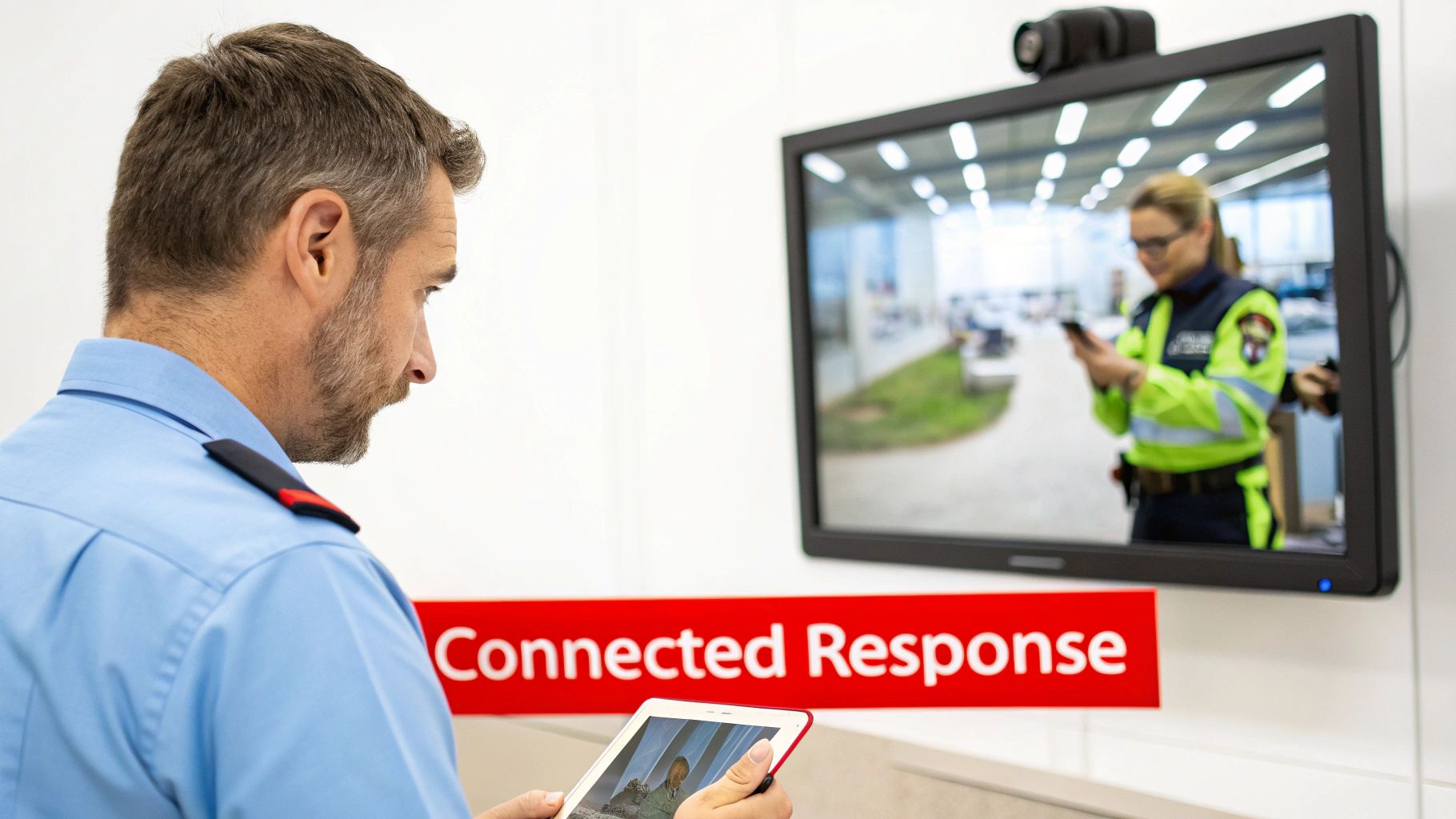 5 Incredible Benefits of Security Systems Monitoring For Your Business 2 A security professional monitoring multiple screens showing footage from a retail store, a construction site, and a public event, demonstrating the benefits of security monitoring.