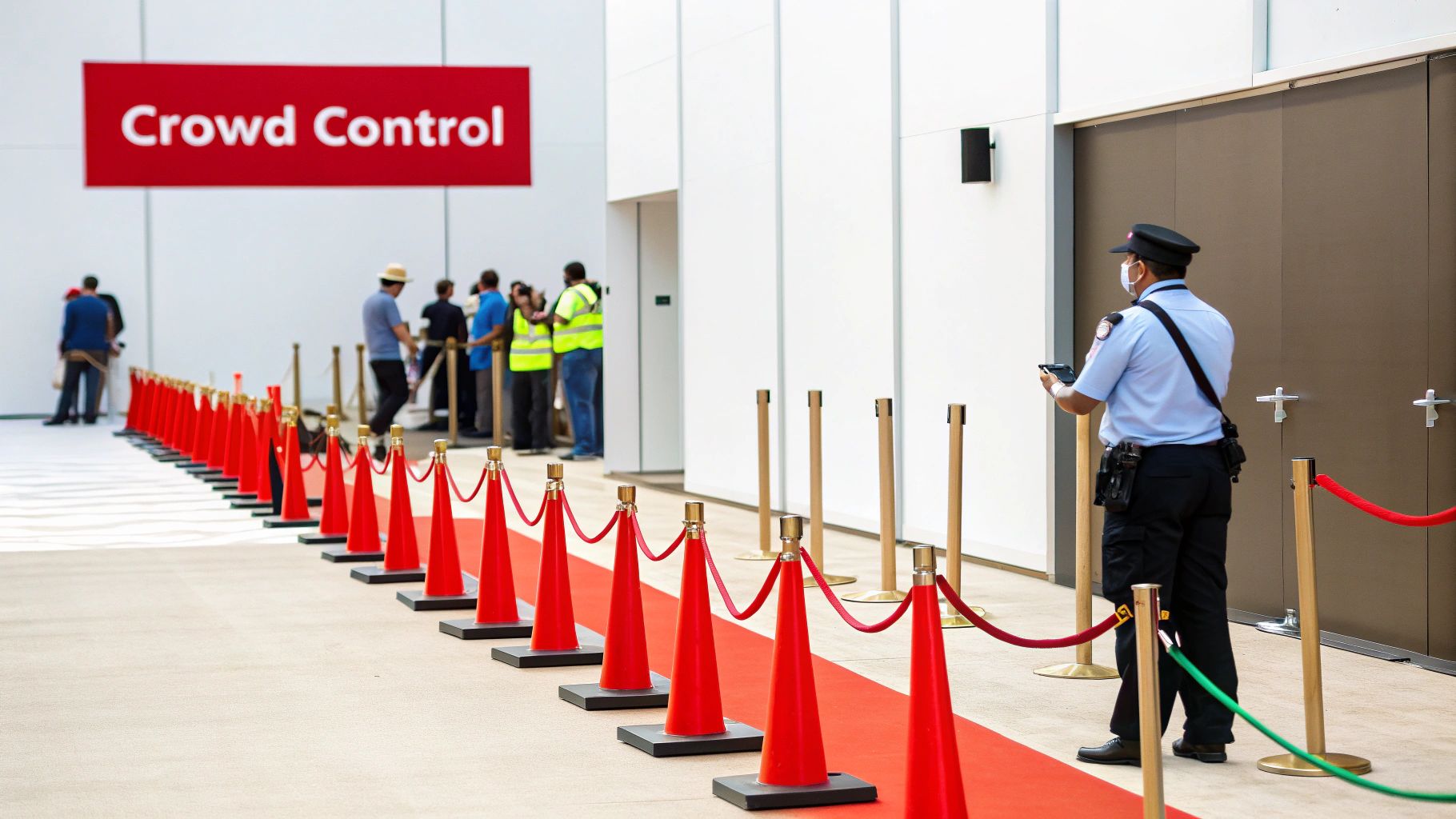 A security guard monitors a crowd control queue with red stanchions at an indoor event.