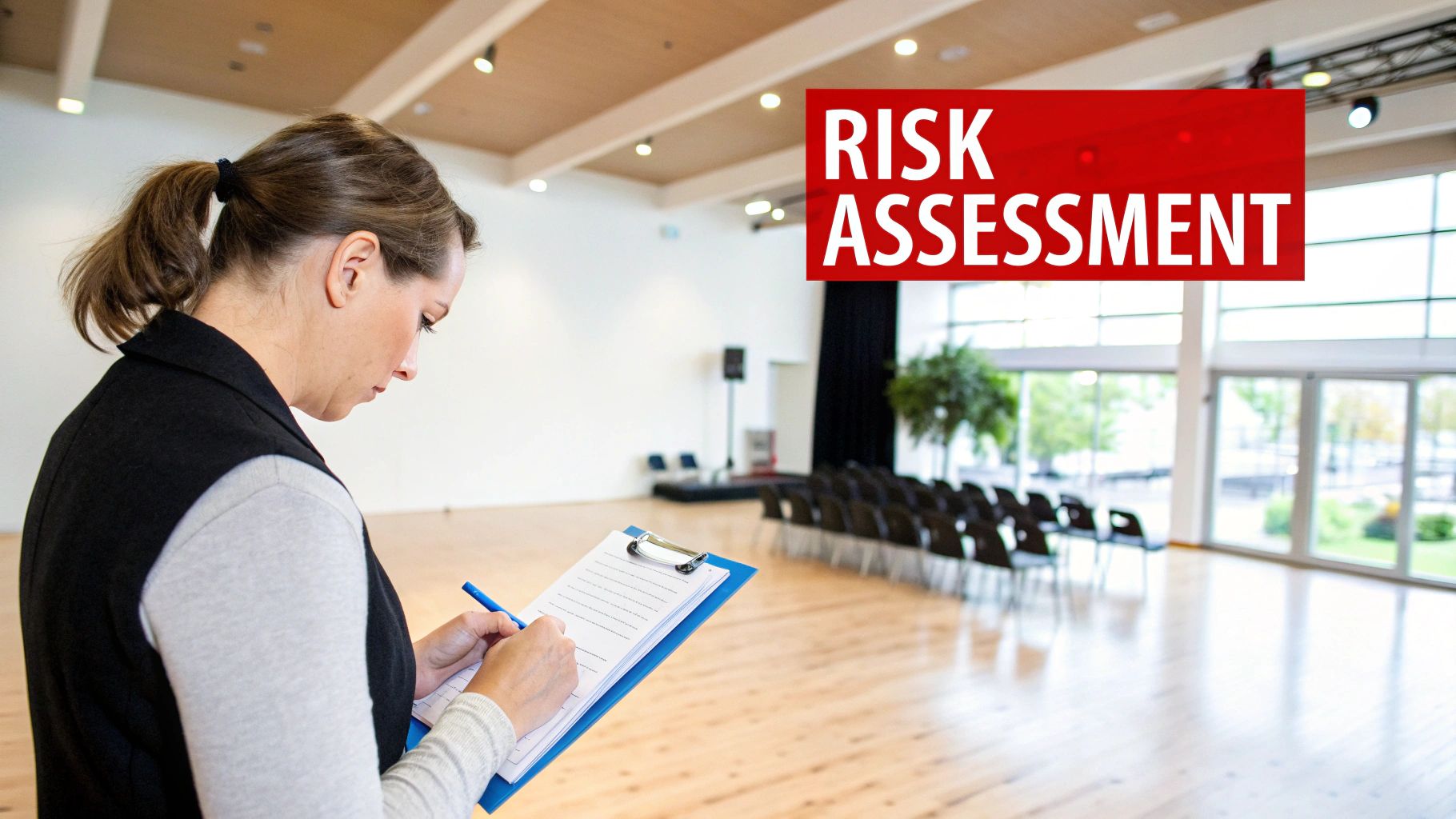 7 Devastating Mistakes to Avoid When You Hire Security for an Event 1 Woman performs a risk assessment in an empty event hall, writing on a clipboard with a pen.