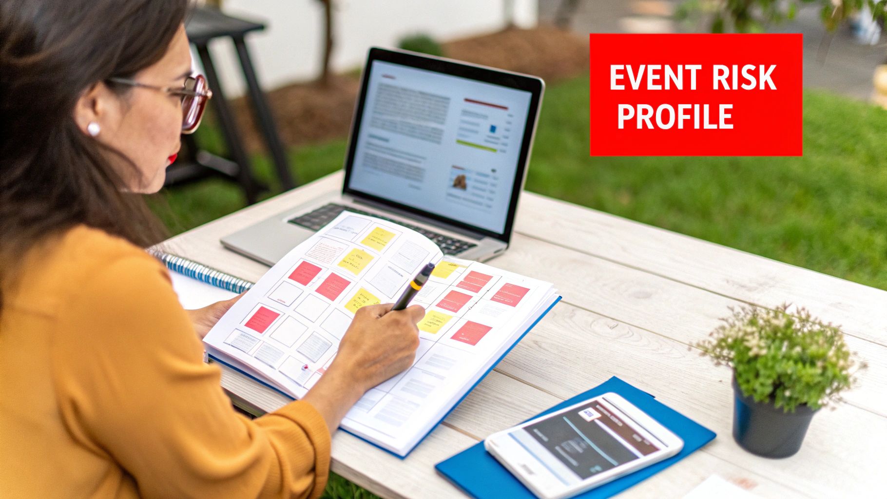 7 Essential Tips to Flawlessly Hire Security for Your Event 1 A woman reviews an 'Event Risk Profile' document and notes while working on a laptop outdoors.
