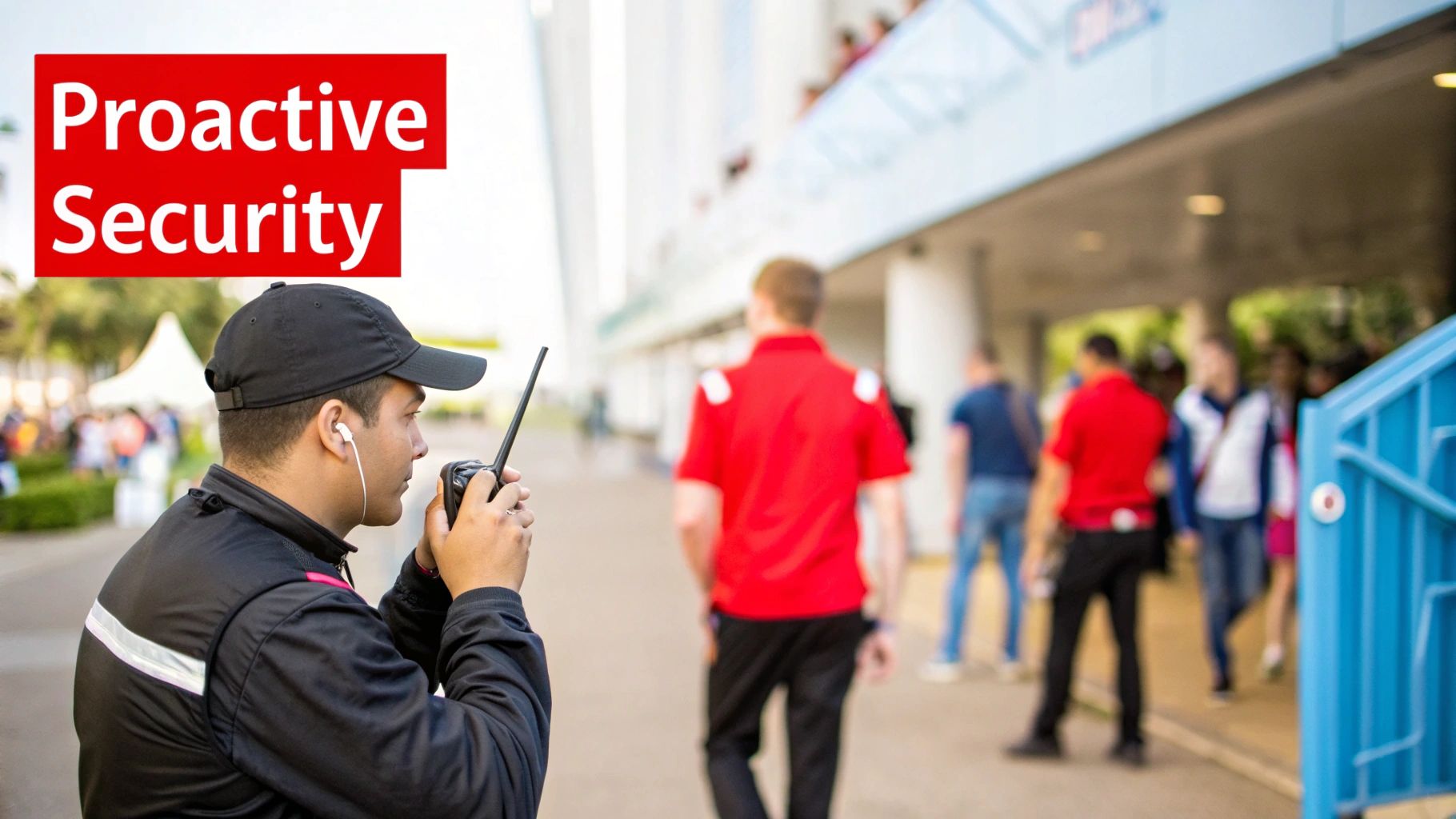 A Guide to Security and Training for Australian Venues 1 A security guard with a walkie-talkie and earpiece, ensuring proactive security at an event.