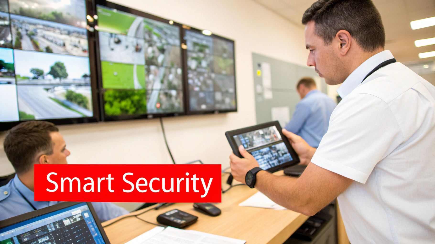 7 Huge Mistakes to Avoid When Hiring an Event Security Company 3 Security personnel actively monitoring multiple surveillance camera feeds on large screens and a tablet.