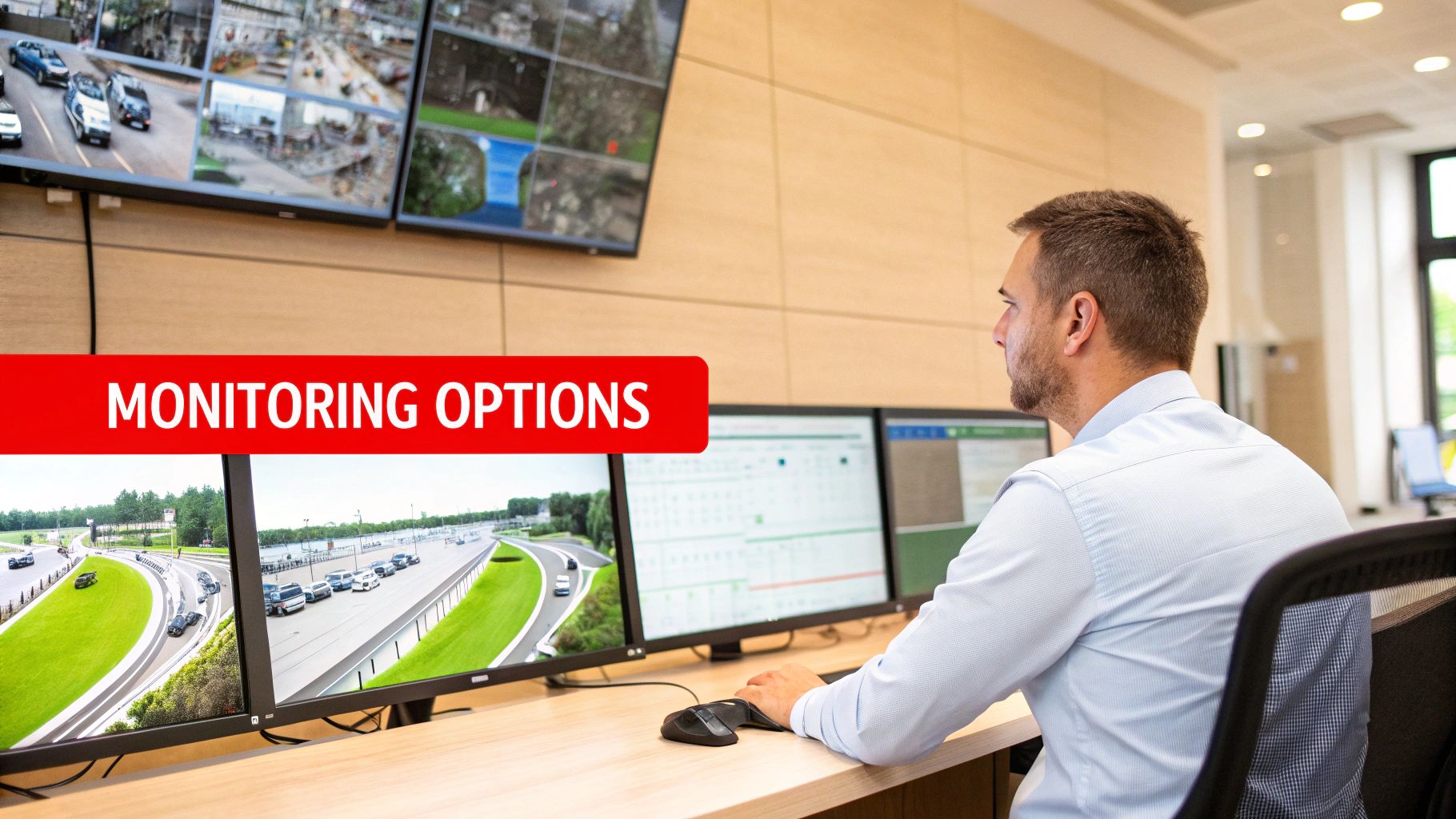 7 Incredible Benefits of Alarm Monitoring Systems For Your Business 3 A man monitors multiple screens displaying surveillance camera feeds in a control room.