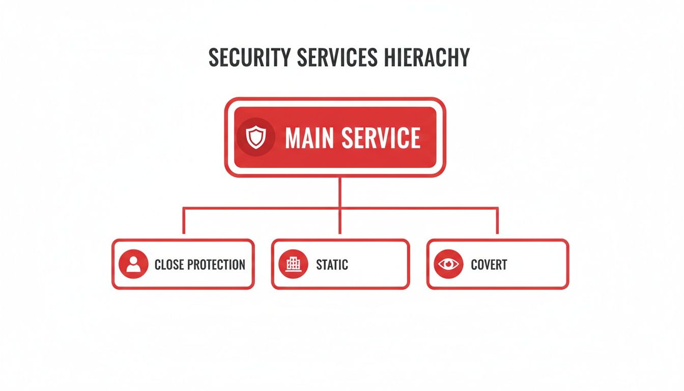 The 5 Invaluable Benefits of Hiring Private Security Bodyguards 1 Hierarchy diagram illustrating main security services, including close protection, static, and covert operations.