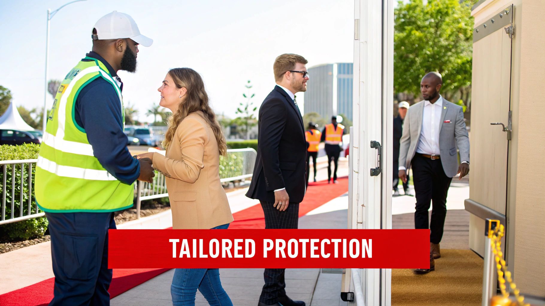 Professional security personnel interacting with clients on a red carpet event, ensuring tailored protection.