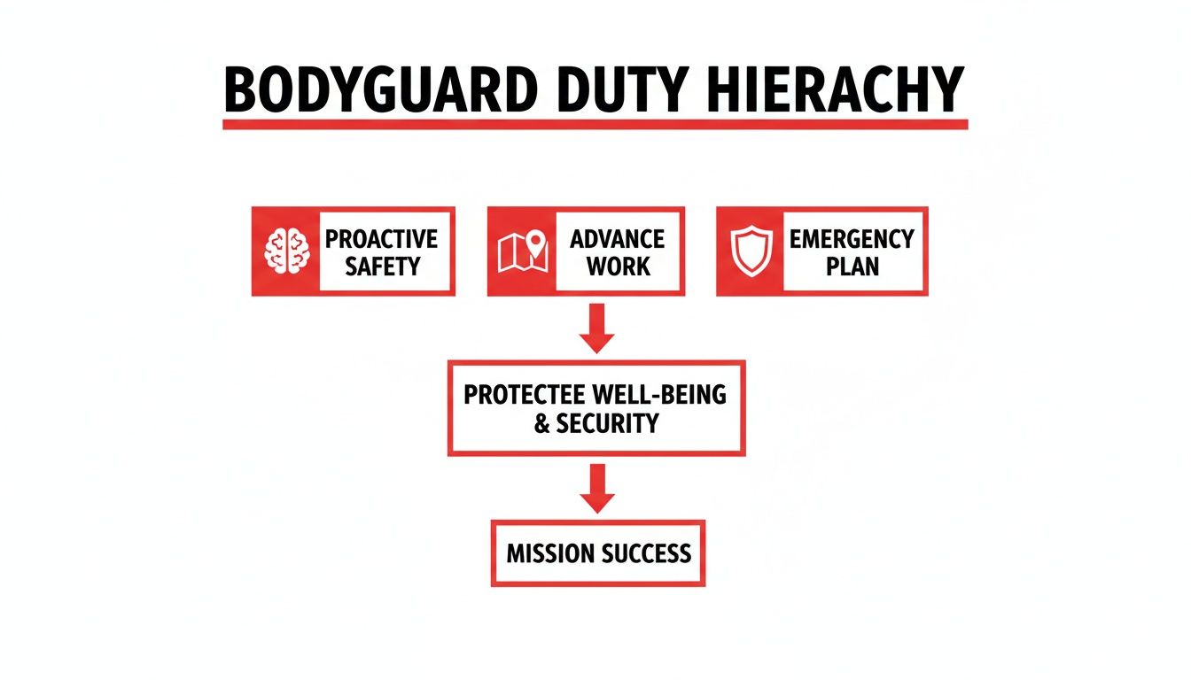 A flowchart illustrates the Bodyguard Duty Hierarchy, focusing on safety, advance work, and emergency planning for mission success.