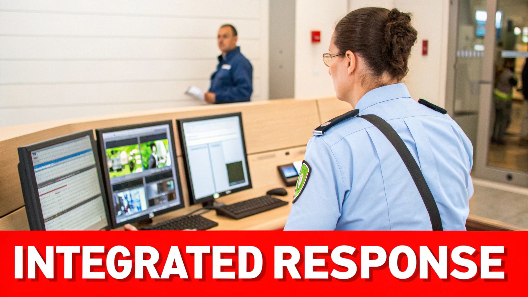 5 Incredible Fire Detection Systems To Avoid Disaster 3 A security officer in uniform monitors multiple surveillance screens at a control desk.