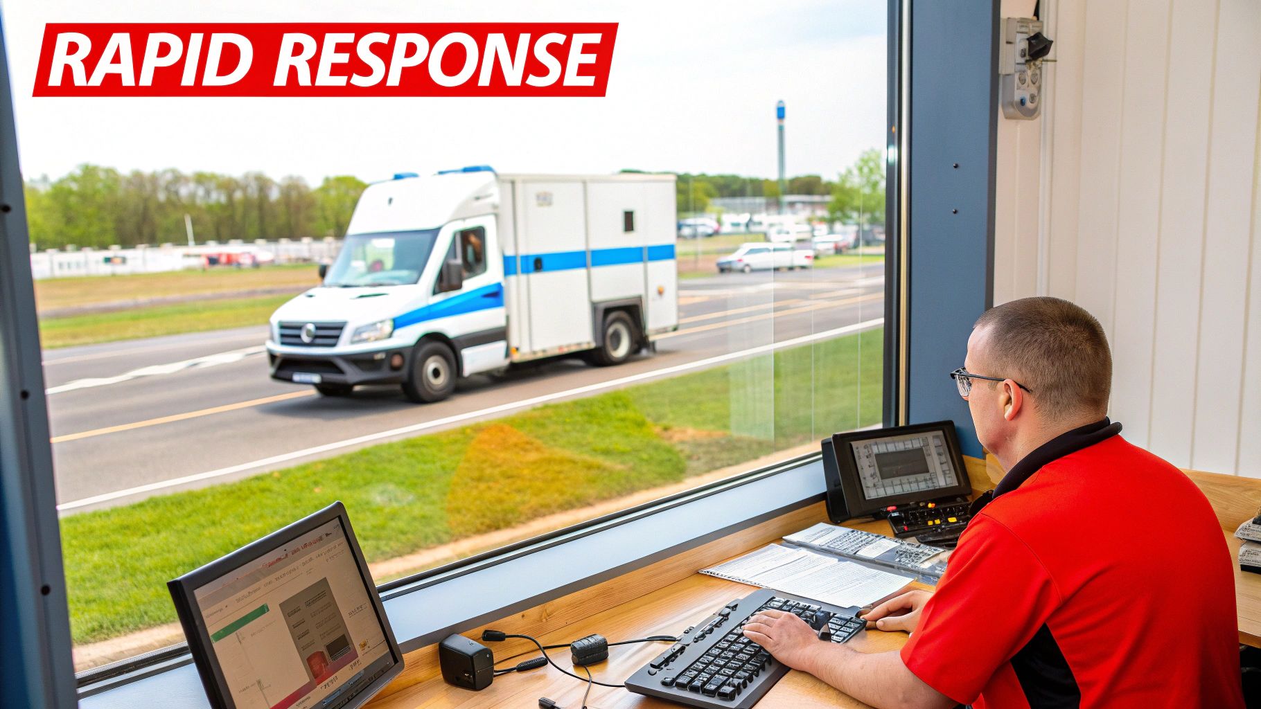 7 Shocking Security Alarm Monitoring Facts to Protect Your Business 3 Control room operator watches a rapid response security vehicle from a large window.
