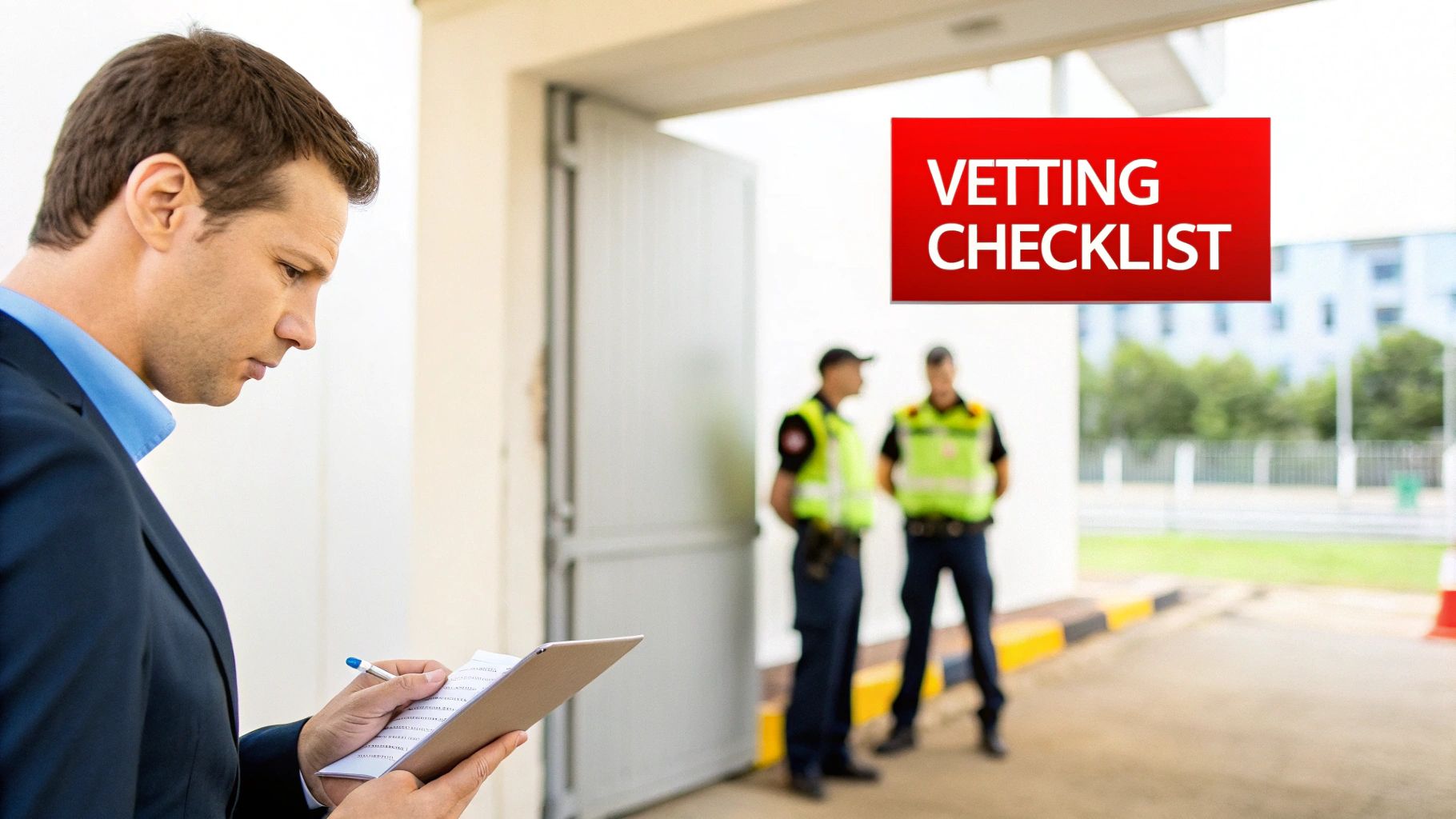 7 Smart Steps for Choosing Security Services for Guard Protection 2 A man in a suit reviews a vetting checklist on a clipboard with security guards in the background.