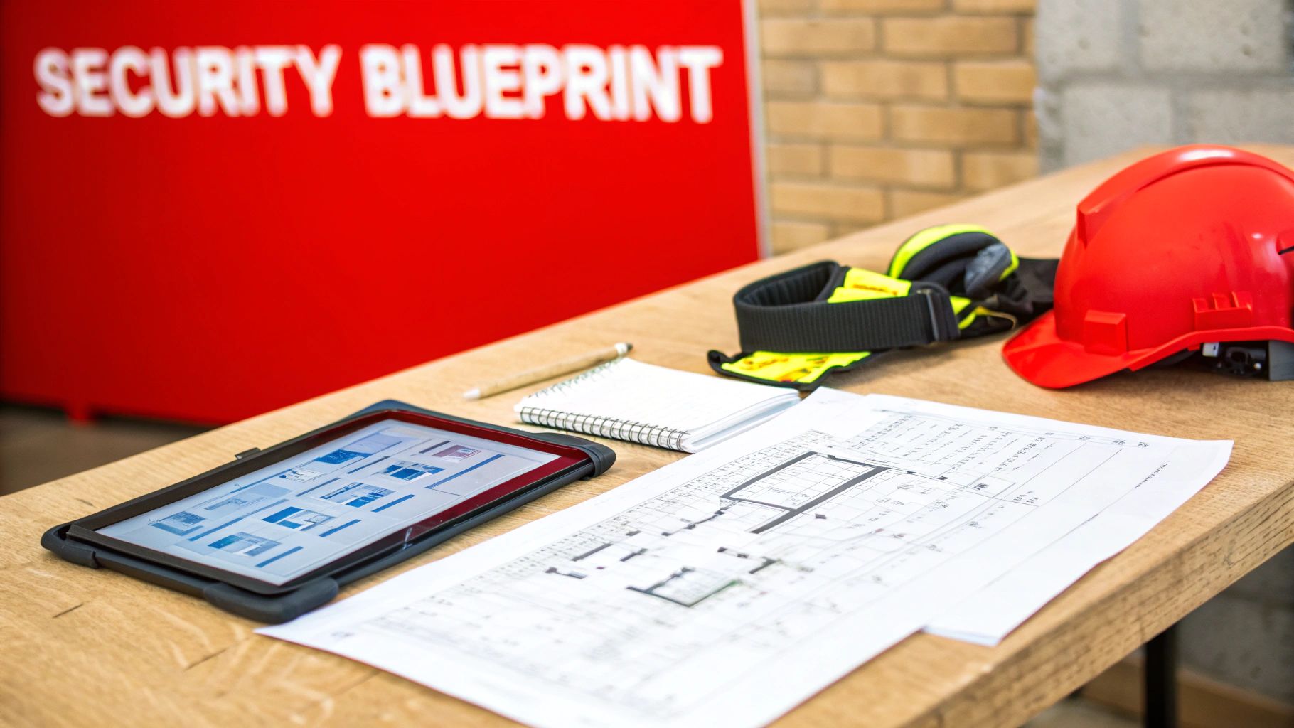 7 Unbeatable Reasons You Need Risk Management and Consulting 2 A desk with a tablet displaying blueprints, safety gear, and a hard hat, emphasizing security planning.