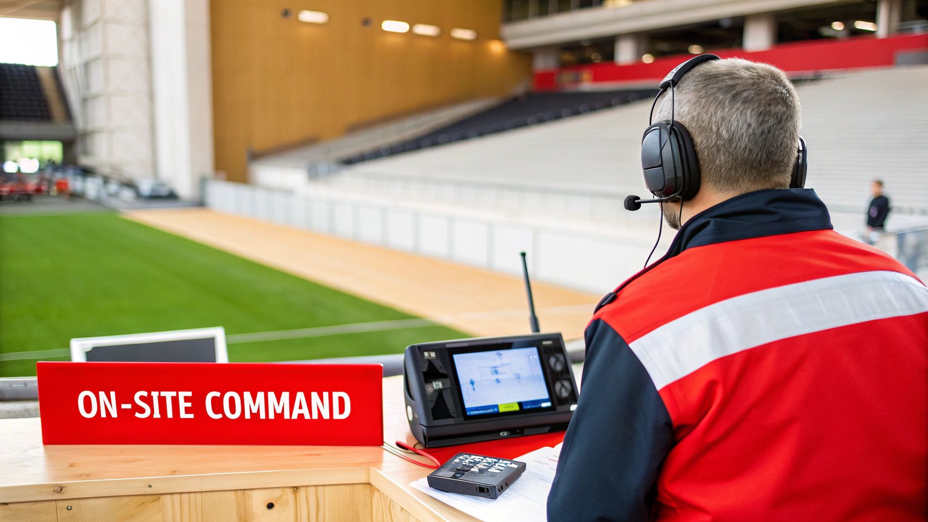 9 Unfortunate Mistakes to Avoid When You Hire Event Security 3 Event security personnel at an 'On-Site Command' station with communication devices in a stadium.