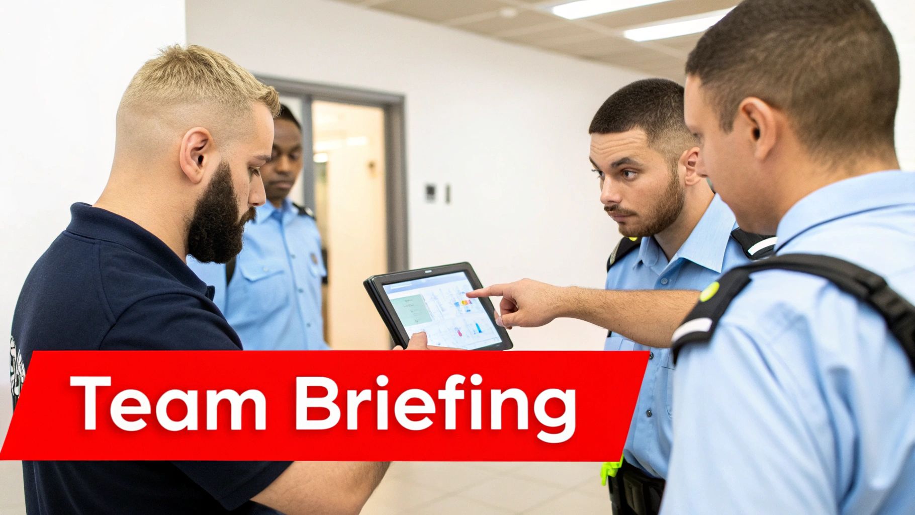 Security personnel in uniform briefing, reviewing data on a tablet for team operations.