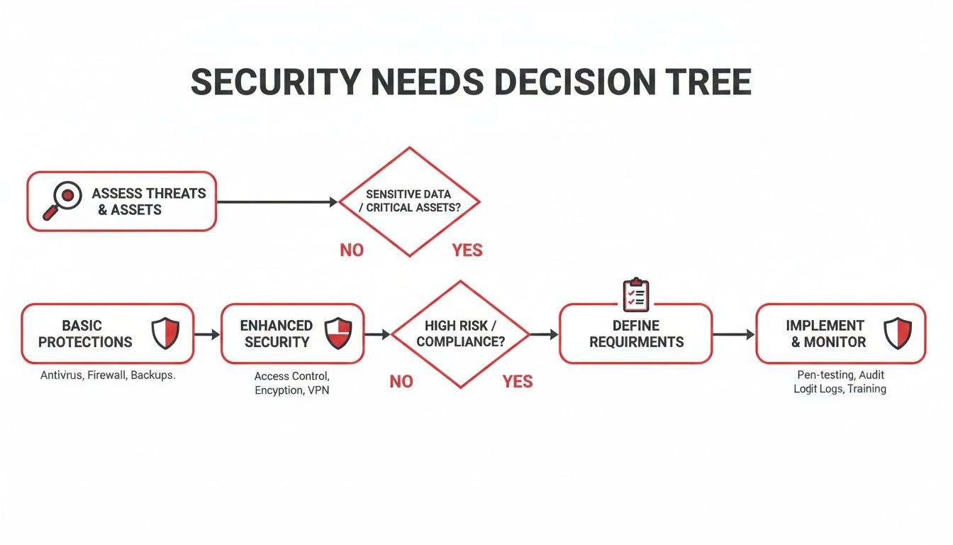 5 Critical Mistakes to Avoid When You Hire a Security Guard 1 A security needs decision tree flowchart illustrating steps from threat assessment to monitoring.