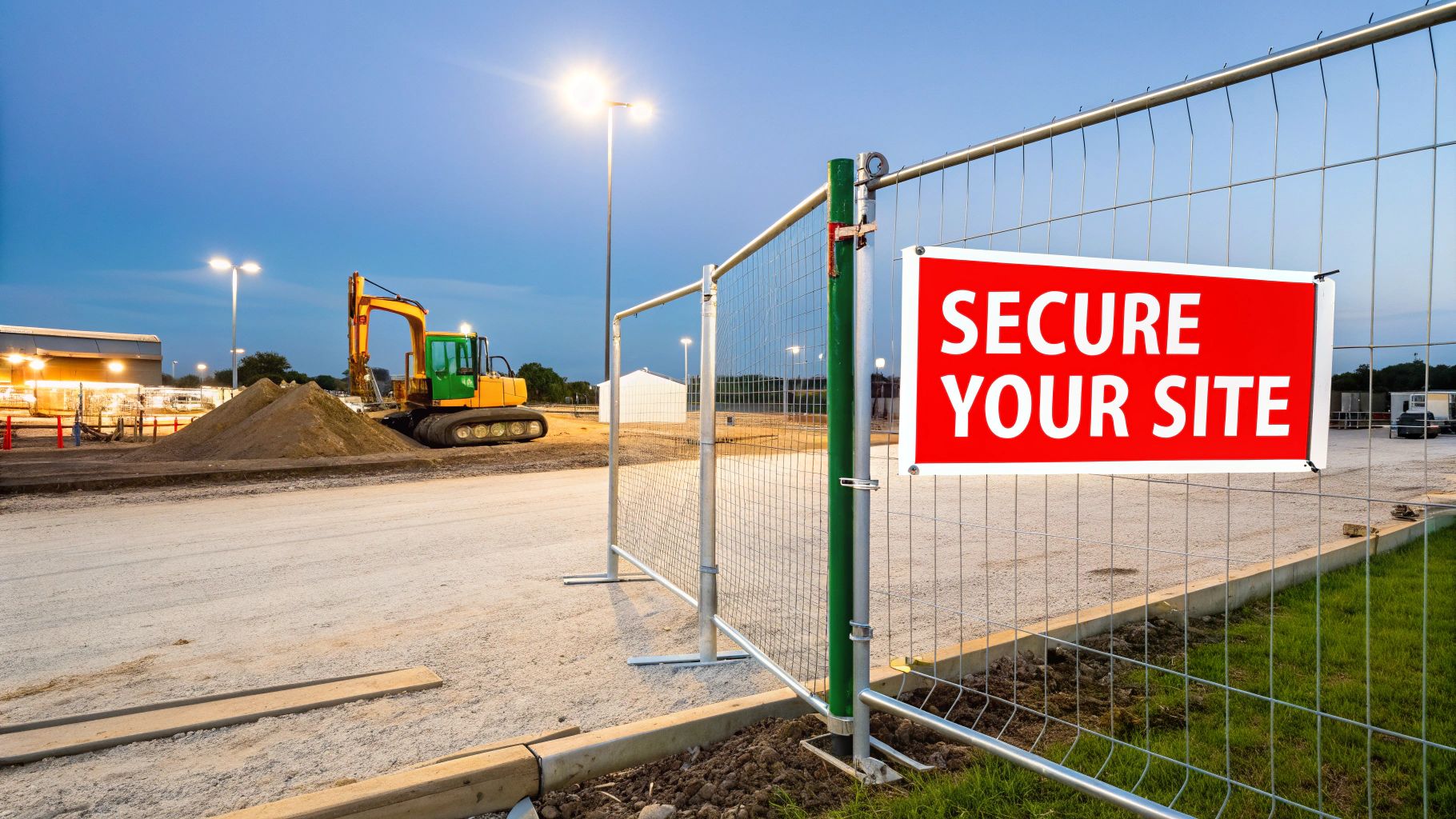 A construction site at dusk with an excavator, a dirt pile, and a fence with a 'SECURE YOUR SITE' sign.