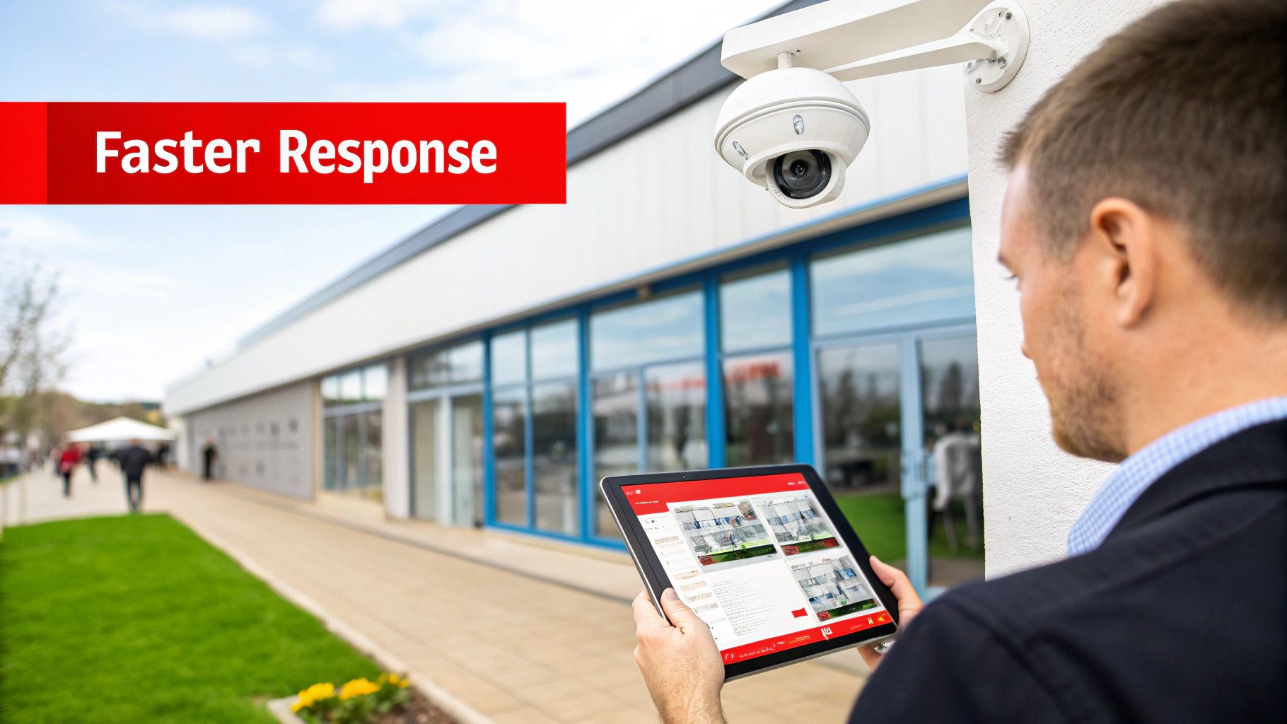 7 Incredible Benefits of an Alarm Monitoring System for Your Business 3 A man monitors multiple security camera feeds on a tablet for an outdoor surveillance system.