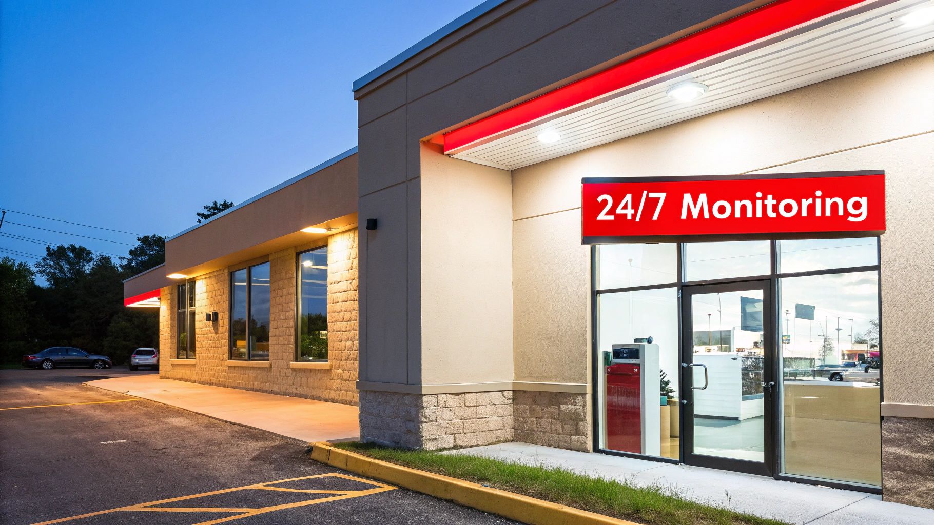 7 Incredible Benefits of Alarm Monitoring Systems For Your Business 2 Exterior of a modern commercial building with a prominent '24/7 Monitoring' sign at dusk.