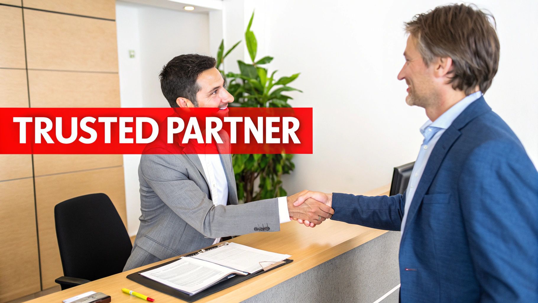 Two smiling businessmen shaking hands across a desk, with 'TRUSTED PARTNER' overlay.