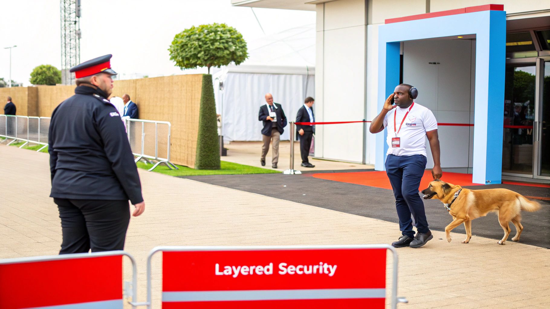 7 Essential Tips to Flawlessly Hire Security for Your Event 2 A uniformed security guard stands near a 'Layered Security' sign, as a man with a detection dog walks by an entrance.