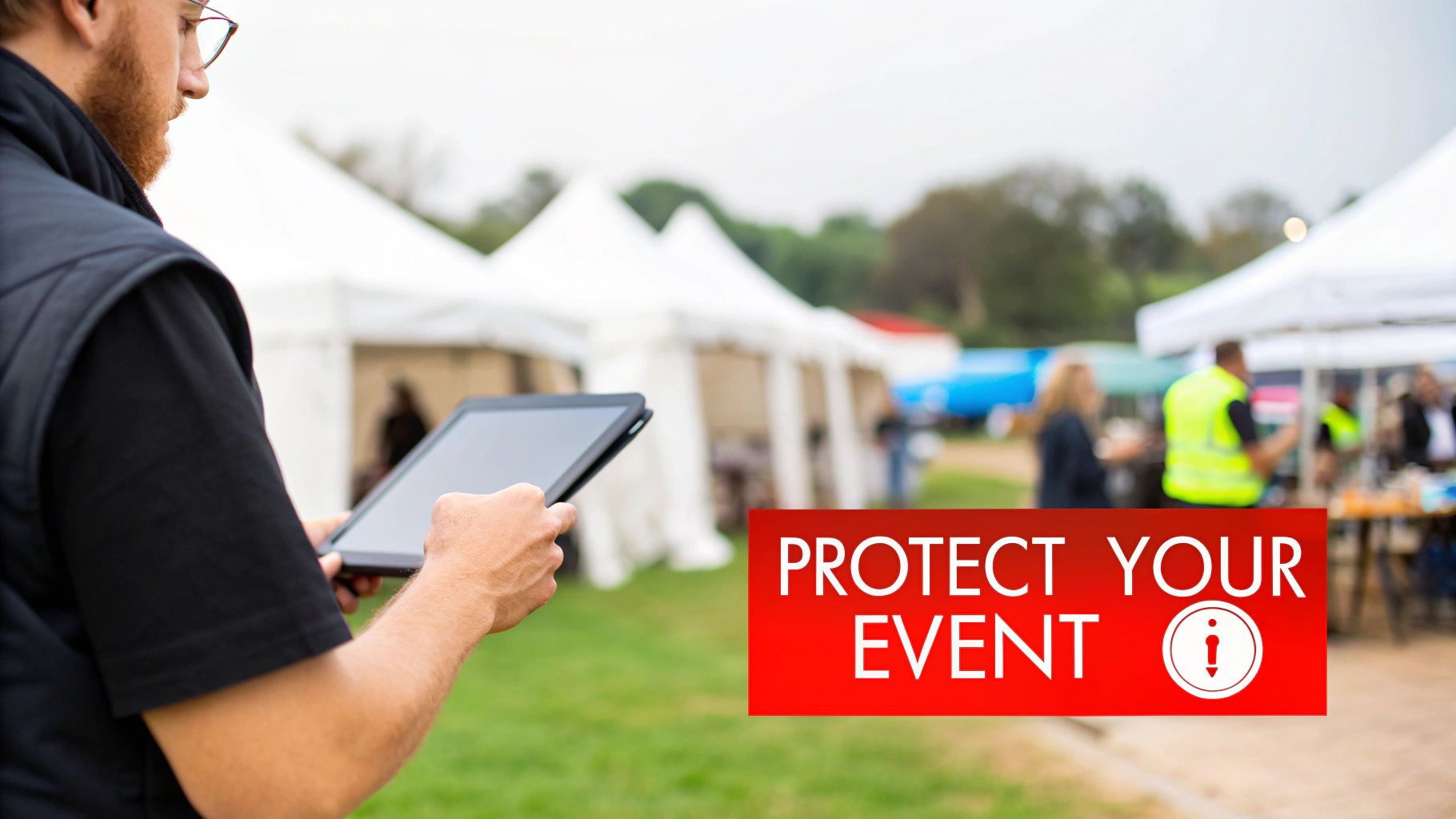 7 Devastating Mistakes to Avoid in Your Risk Assessment for Events 1 A man holding a tablet at an outdoor event with a "Protect Your Event" banner.