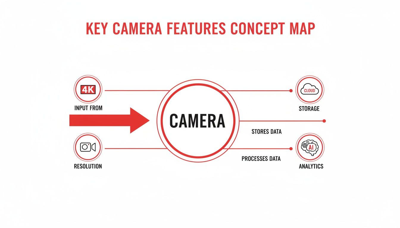 A concept map detailing key camera features, including 4K resolution input, cloud storage, and AI analytics.