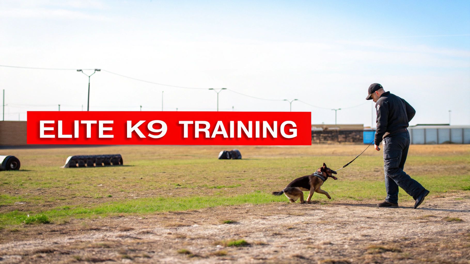 A K9 handler trains a German Shepherd dog in an outdoor field with 'Elite K9 Training' overlay.