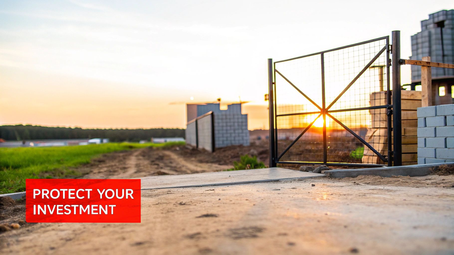 A Complete Guide to Construction Site Security 1 Sunset view of a construction site with an open metal gate and stacked building materials, highlighting security.