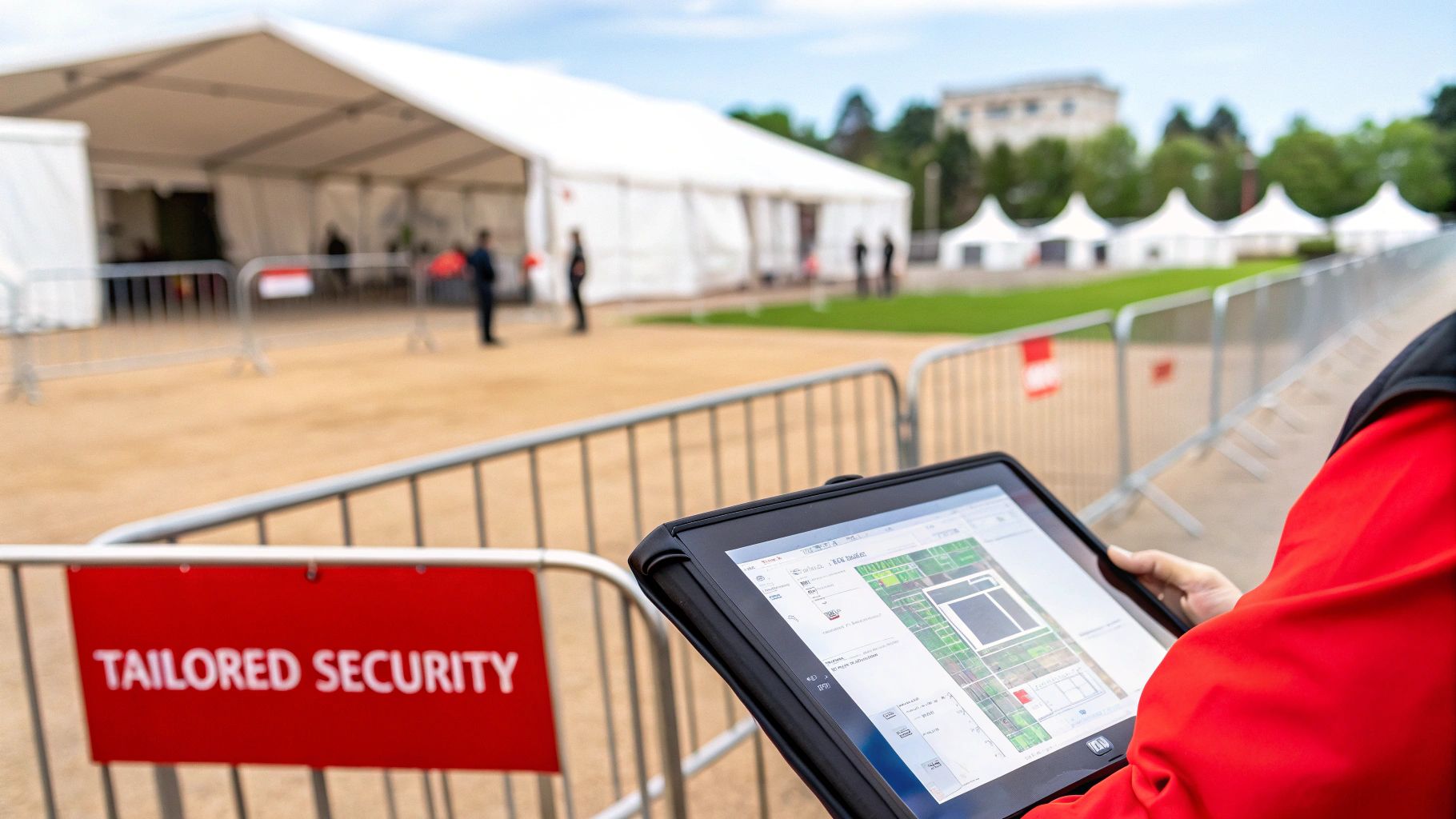 7 Incredible Benefits of Alarm Monitoring Systems For Your Business 4 A security professional monitors an event layout on a tablet near "Tailored Security" barriers and white tents.