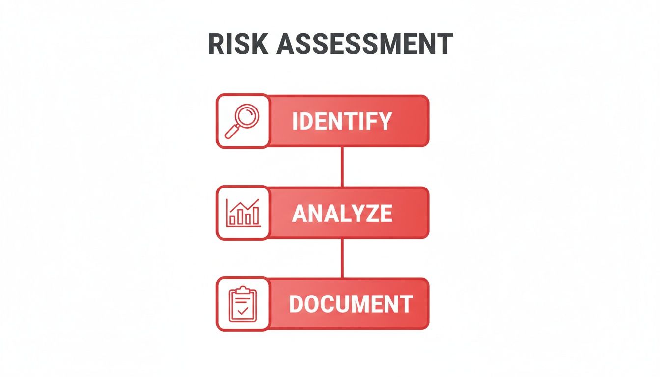 A Complete Guide to Construction Site Security 2 Risk assessment process diagram showing identify, analyze, and document steps with icons.