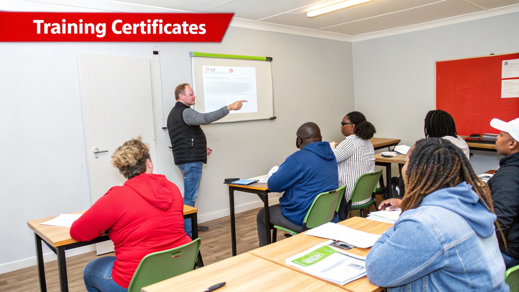 7 Shocking Mistakes to Avoid When Getting a Security Guard License in Australia 2 A male instructor points at a whiteboard while teaching diverse students in a classroom.