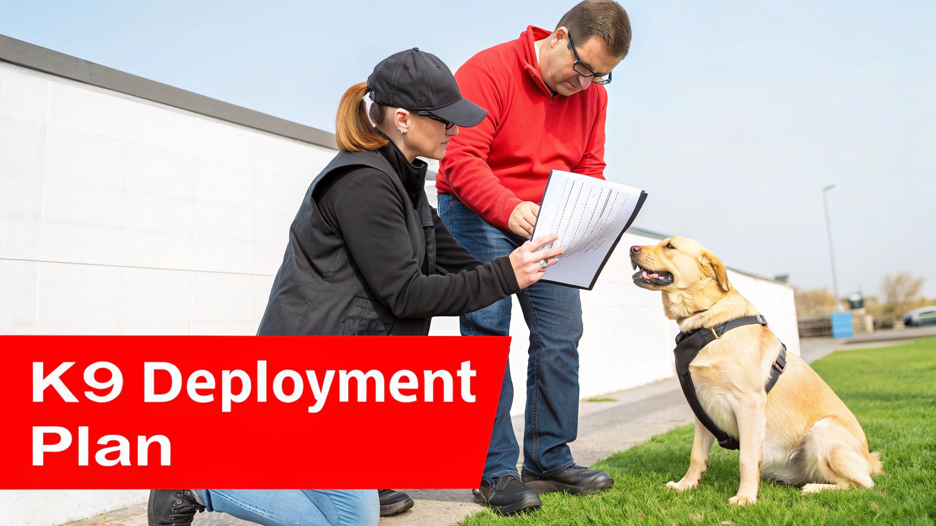 A woman and a man are reviewing a K9 deployment plan with a trained Labrador dog on grass.