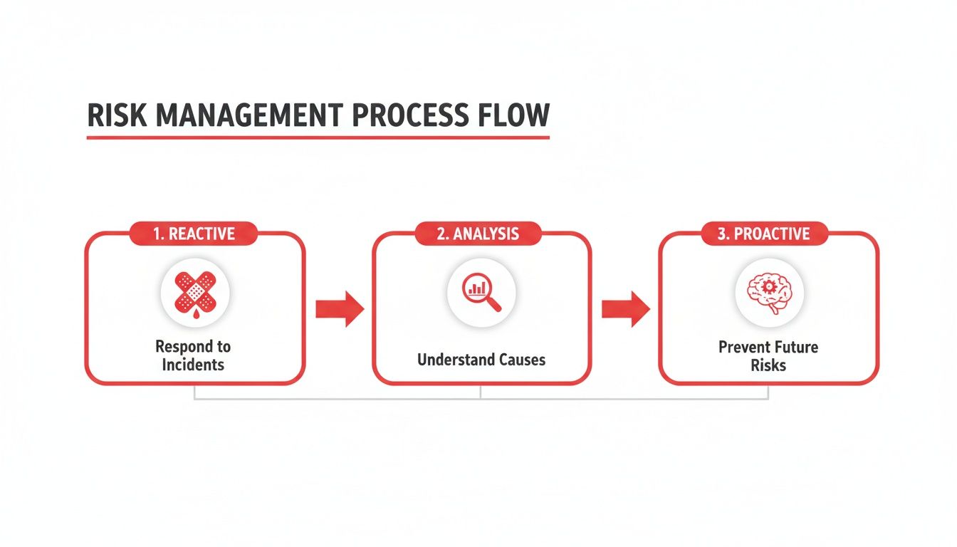 7 Unbeatable Reasons You Need Risk Management and Consulting 1 Flowchart detailing a three-step risk management process from reactive incident response to proactive prevention.