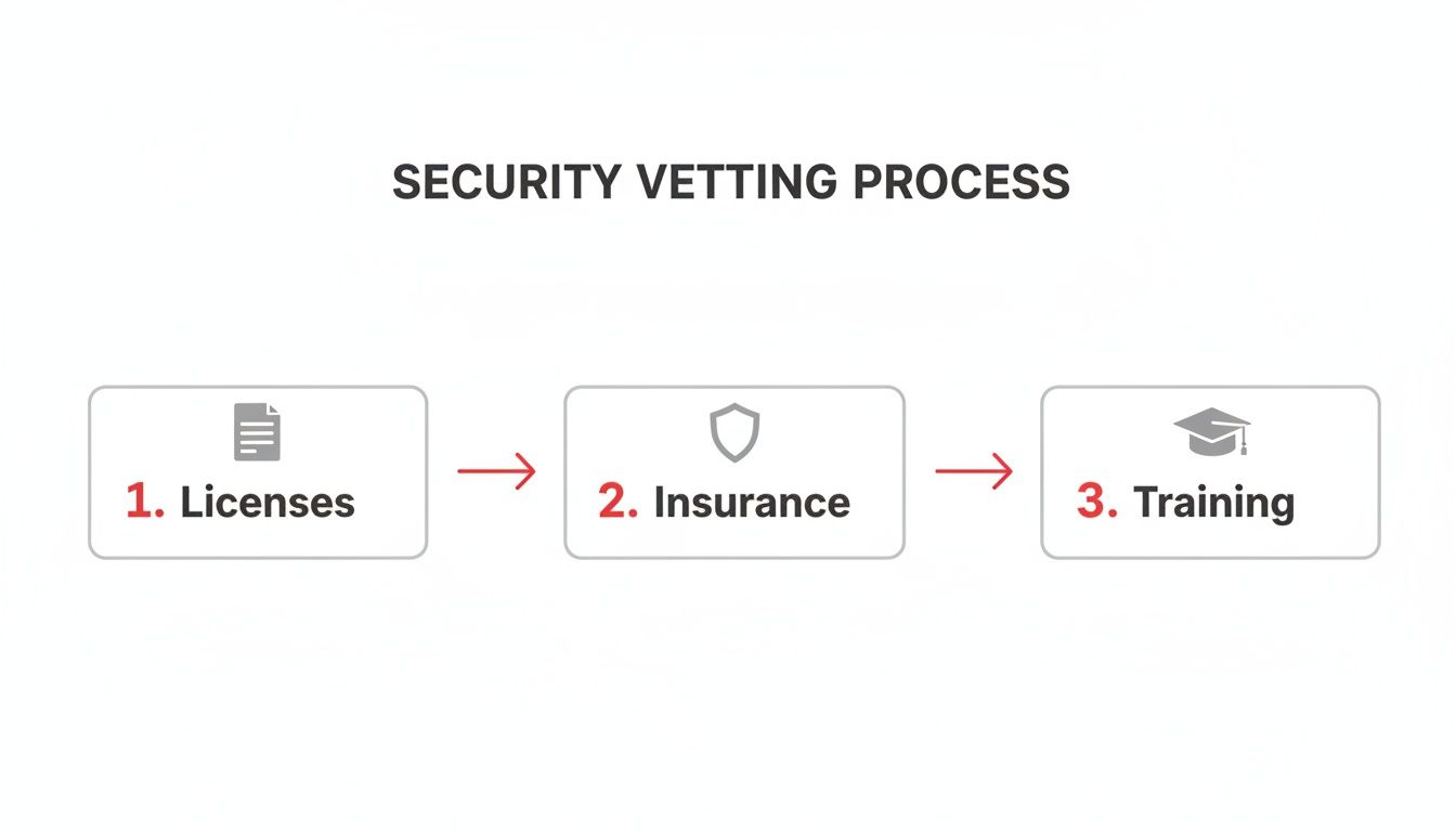 7 Devastating Mistakes to Avoid When You Hire Security for an Event 2 A diagram illustrating a security vetting process with three sequential steps: licenses, insurance, and training.