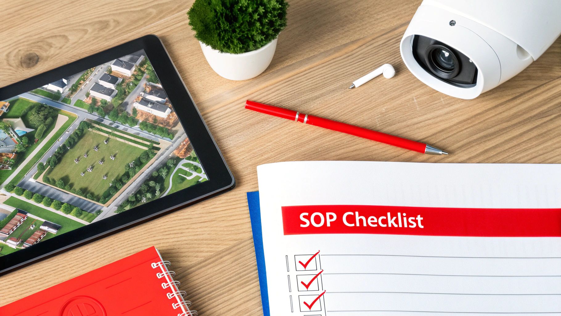 7 Shocking Mistakes to Avoid with CCTV Monitoring Security 3 Overhead view of a desk with a tablet showing a residential map, a security camera, and an SOP checklist.