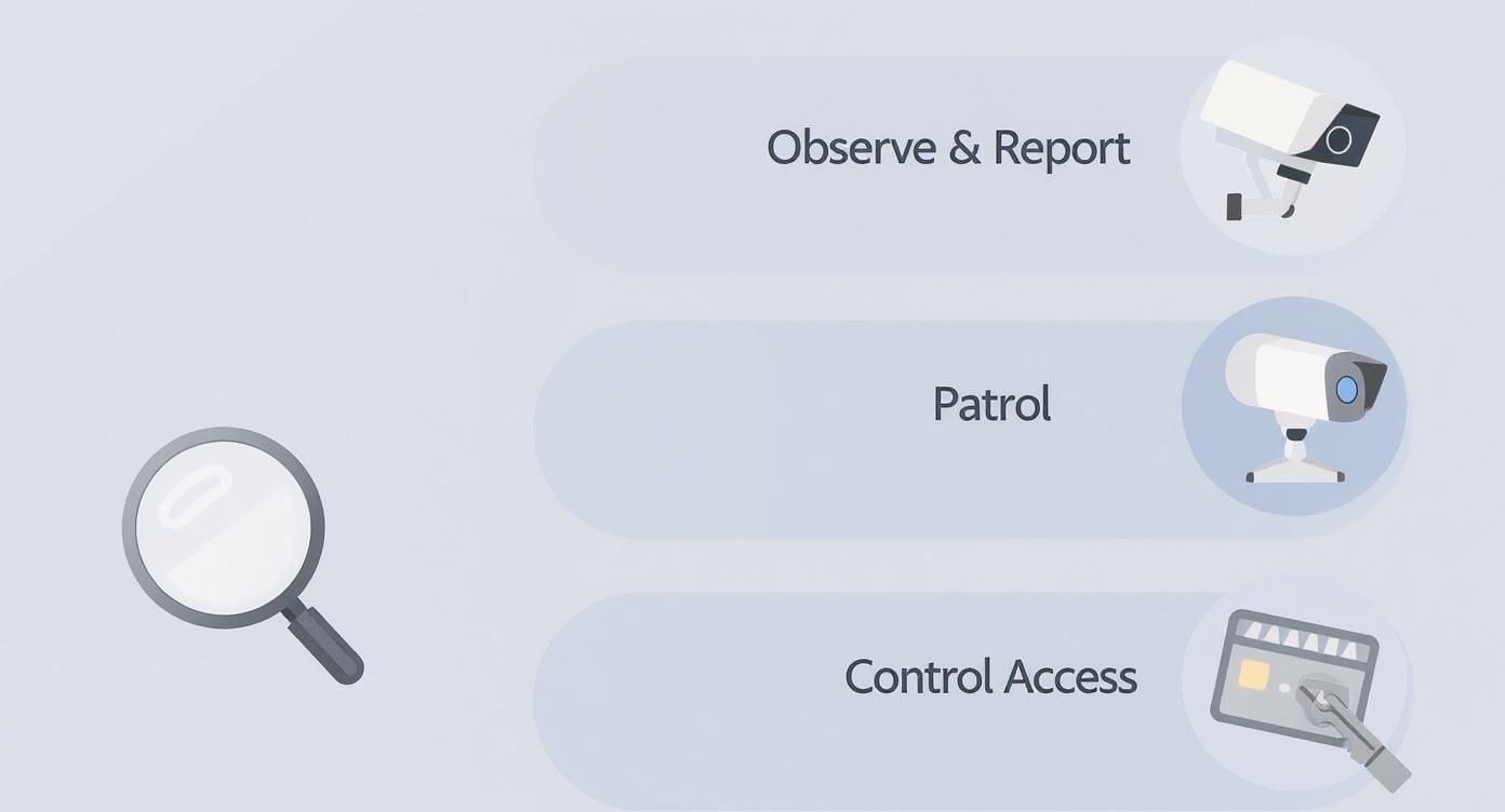 Infographic detailing key security guard duties: Observe & Report, Patrol, and Control Access, with icons.