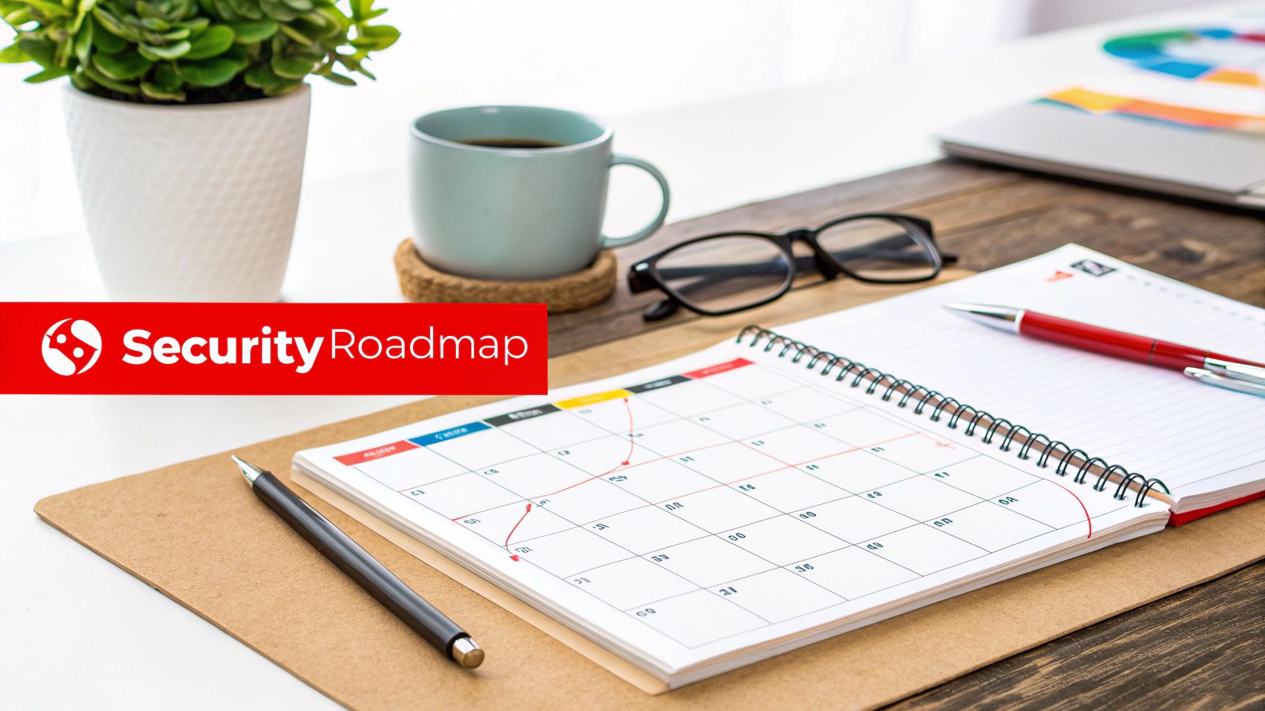 A Complete Guide to Risk Security Management in Australia 3 A desk with a 'Security Roadmap' banner, coffee, glasses, pens, and a calendar showing a timeline.
