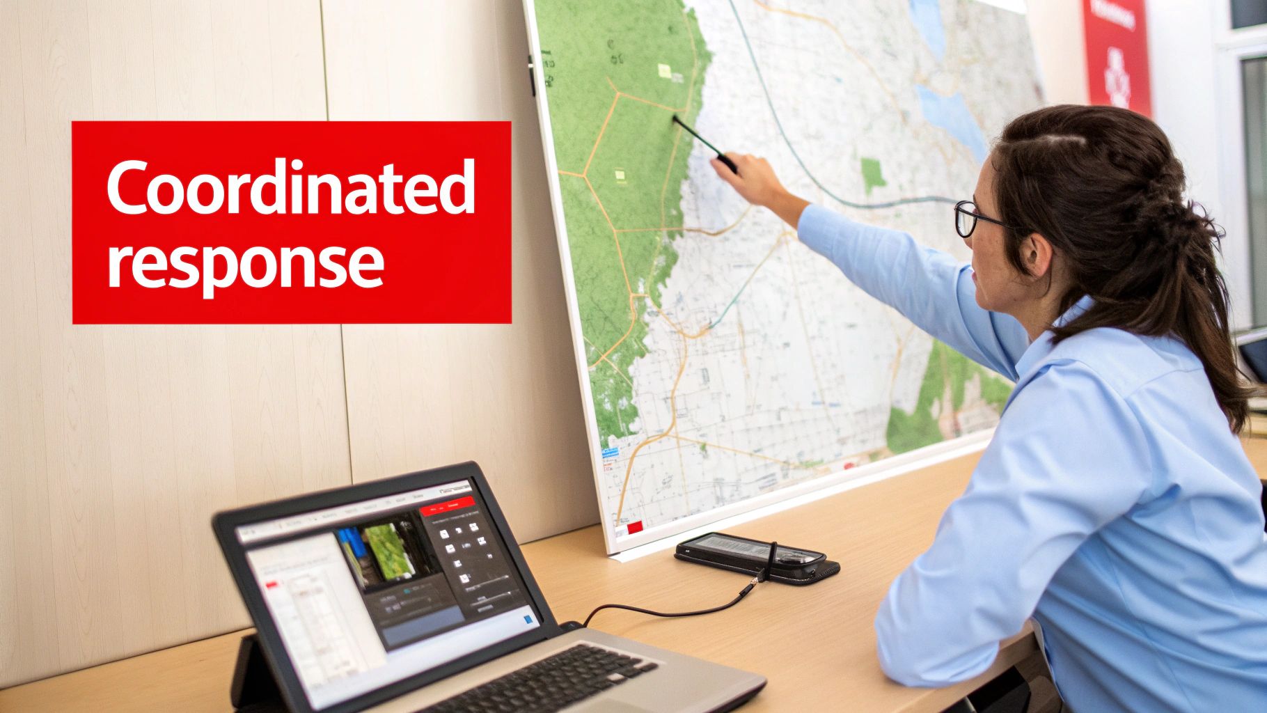 7 Shocking Reasons You Need Professional Alarm System Monitoring 3 A woman points at a large map, planning a coordinated response with a laptop and smartphone.