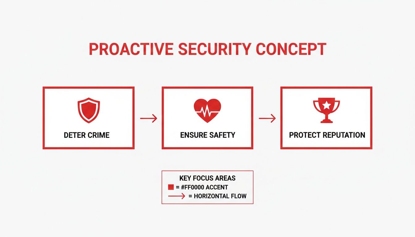5 Fantastic Guard Security Services for Ultimate Protection 1 Infographic illustrating a proactive security concept with steps: deter crime, ensure safety, and protect reputation.