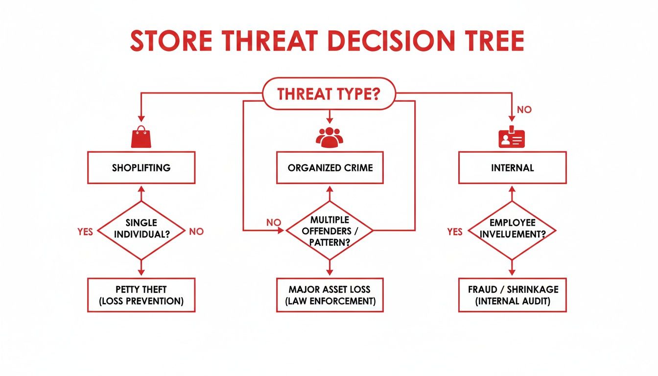 7 Shocking Threats: Why You Desperately Need Retail Security Guards 2 Store Threat Decision Tree flowchart outlining different types of retail security threats and responses.