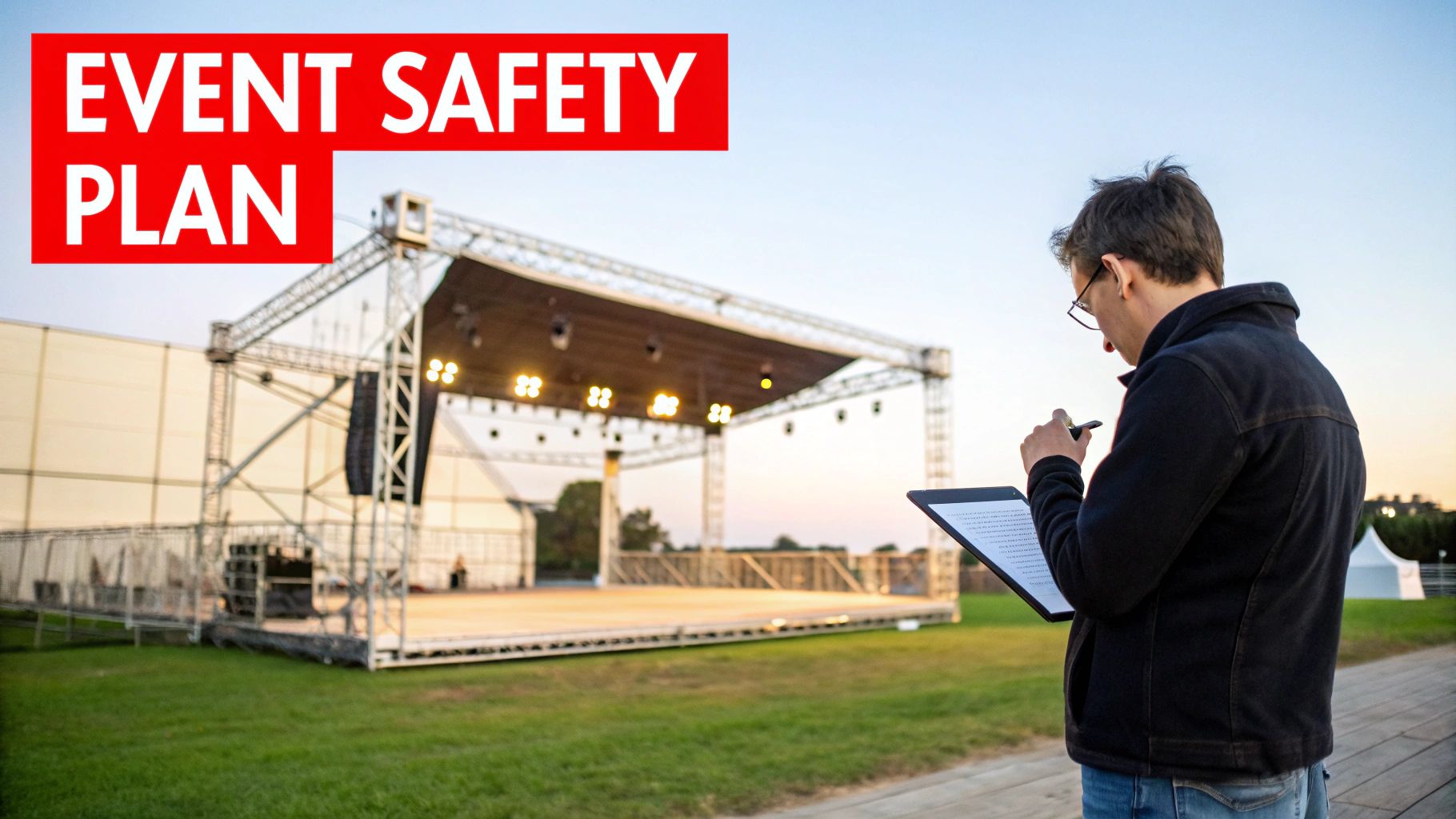10 Devastating Mistakes an Event Risk Assessment Template Helps You Avoid 1 A person reviews an event safety plan on a clipboard next to an outdoor stage setup.